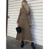 Elegant Solid Ribbed Knitted Maxi Dress Women Slim Casual Waistband Round Neck Long Sleeve Lace Up A-line Dresses 2023 Autumn Lady Streetwear Robe