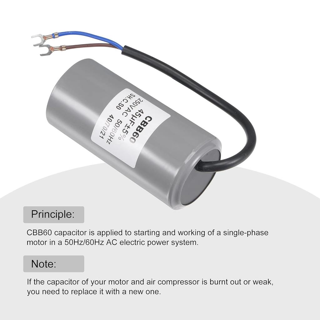 MECCANIXITY CBB60 Run Capacitor 45uF 250V AC 2 Wires 50/60Hz Cylinder Motor Running Capacitor 104x50mm with Terminal for Air Compressor Water Pump