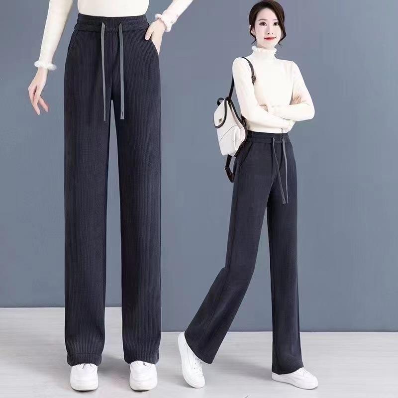 Slim Wide Leg Corduroy Pants Women Winter Fleece Lined Draping Tapered Trousers