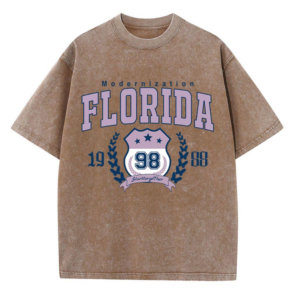 Fashion Woman Cotton Washed T-Shirts Modernization Florida Printing Tees Breathable Oversize O-Neck Summer Street Female Clothes