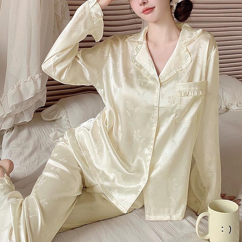 spring autumn Women Pajamas set elegant sweet Solid jacquard Tops and ruffles Pants Satin sleepwear Loose 2 Piece suit homewear