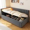 Sofá-cama estofado 90x200, com iluminação LED, arrumação hidráulica, design de riscas verticais, cabeceiras laterais, estrado de ripas, tecido de veludo, Cinzento