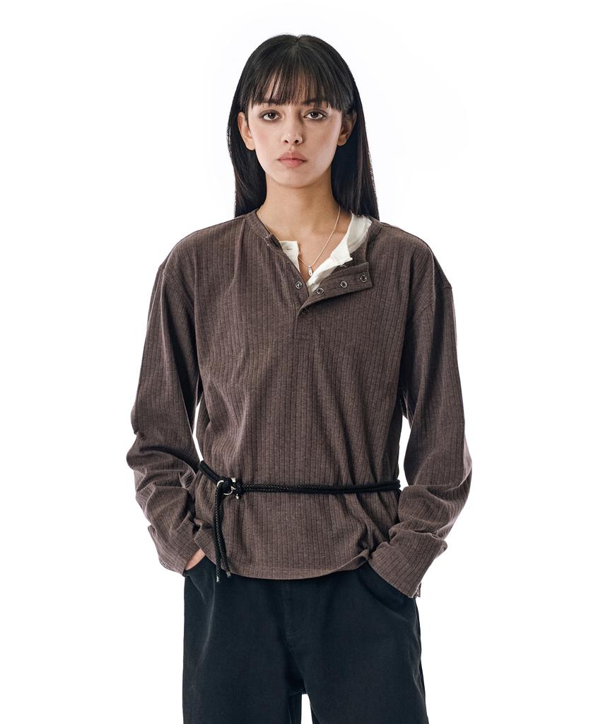 Sekeonmonollogeu Ribbed Henley Knit Long Sleeve [Charcoal]_Sets044Charcoal