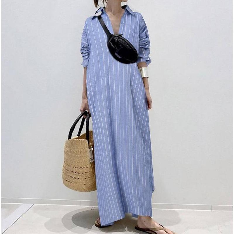

New lapel collar temperament commuter striped loose waist long dress cardigan dress 5XL небо синє кольору