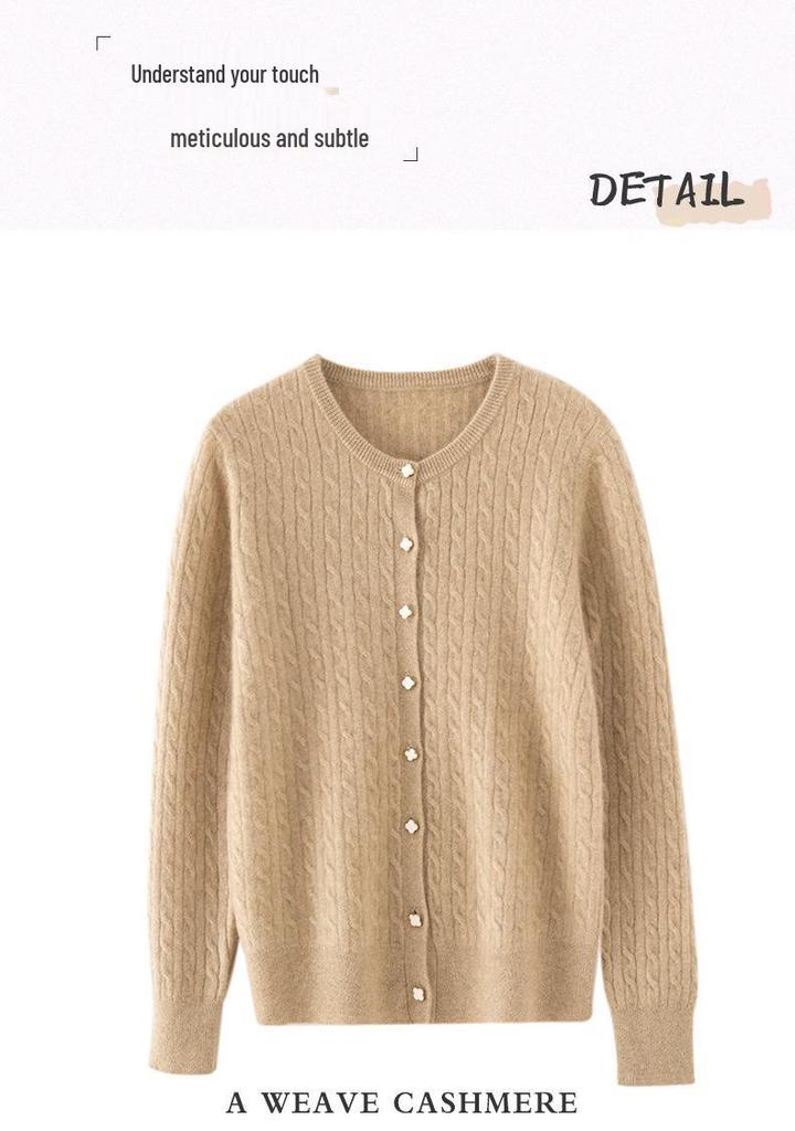 Women's Cashmere Cable Knit Round Neck Cardigan - Autumn/Winter Fashion Versatile Style.
