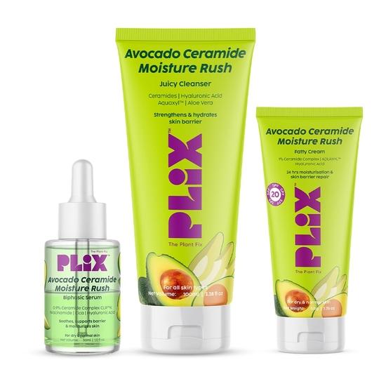 

PLIX - THE PLANT FIX Barrier Repair Combo Kit с сывороткой Avocado Ceramide Moisture Rush, очищающим средством и кремом | Упаковка из 3 шт. (30мл + 100мл + 50г)