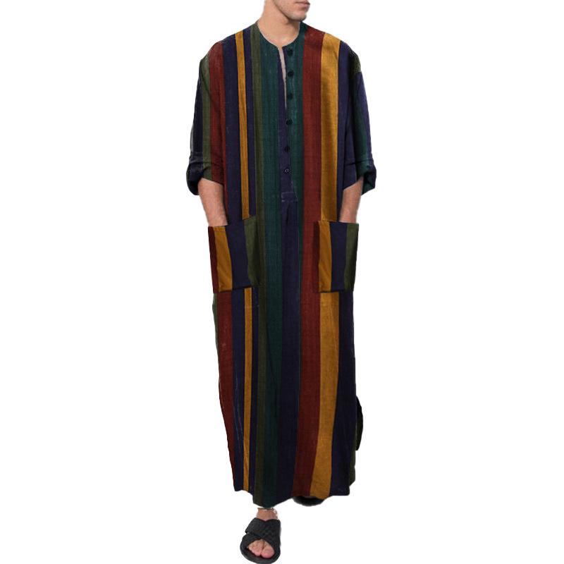 Men's Striped Muslim Long Robe Jumpsuit Tang Suit with Stand-up Collar