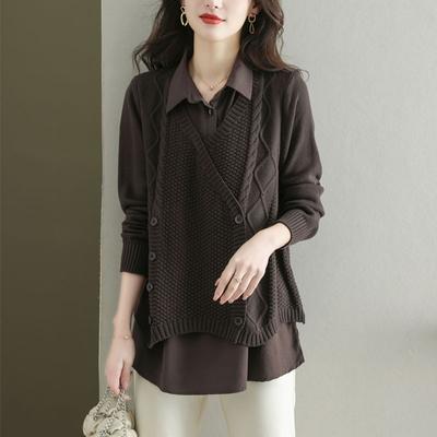 Suéter suelto con cuello de camisa para mujer, blusa falsa de dos piezas, suéter de primavera y otoño