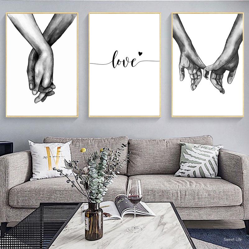 Modern Black White Style Hand In Hand Wall Art Poster Minimalist Print LOVE Quotes Canvas Painting Picture for Living Room Decor