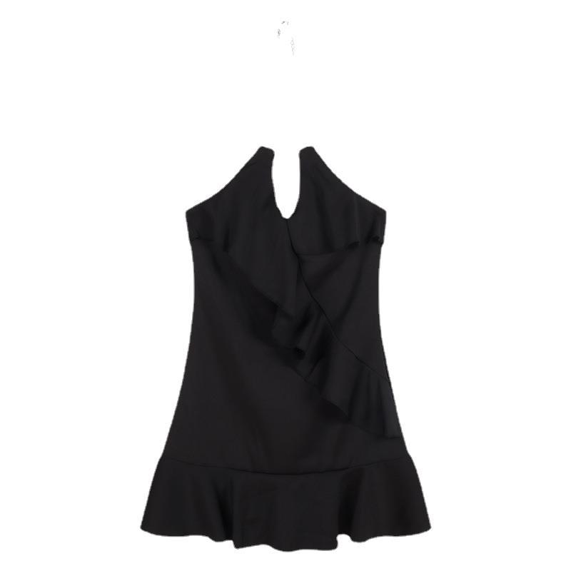Hepburn Spice Girl Niche Chain Neck Suspender Dress Women's Summer Small Black Dress Off-Shoulder Lotus Short Skirt