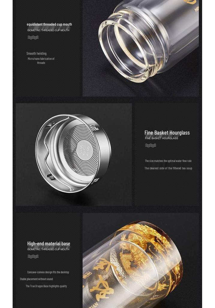 Custom Logo High Borosilicate Double Layer Glass Tea Cup with Dragon Design