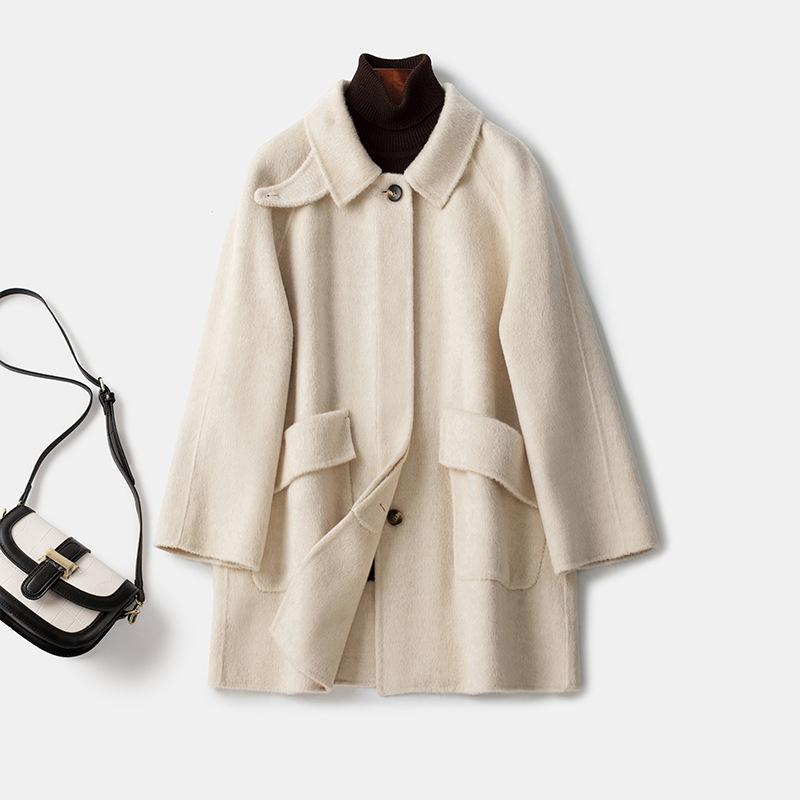 New high-end hand-sewn medium and long double-sided cashmere coat femininity fashion loose thickened wool coat