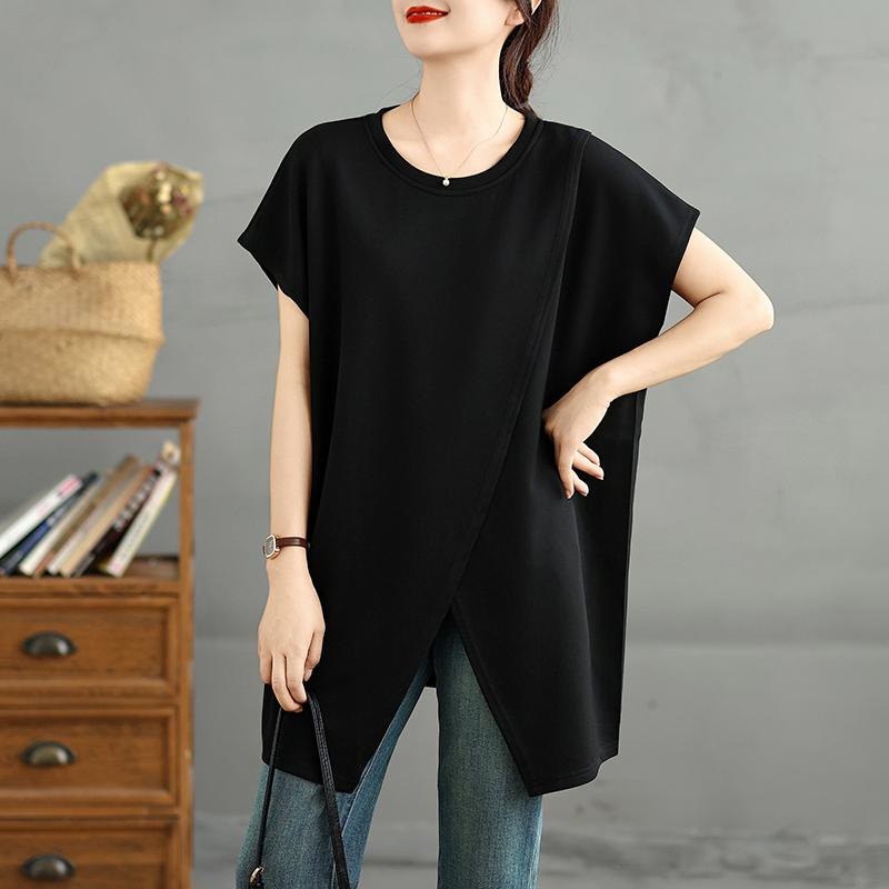 

Dimanaf Лето 2025 Базовые женские футболки больших размеров с коротким рукавом, нерегулярным О-образным вырезом, топы, футболки, свободная рубашка, макси One Size чёрный