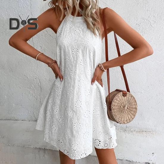 Letní šaty nad kolena Jednobarevné Stylové dámské letní ležérní šaty s dutým květem