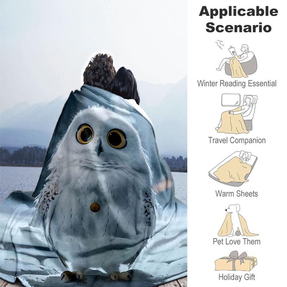 1pc Snowy Owl,winter Forest,large Eyes Outdoor Flannel Throw Blanket All Season Soft Warmth,Home Decor 1031106