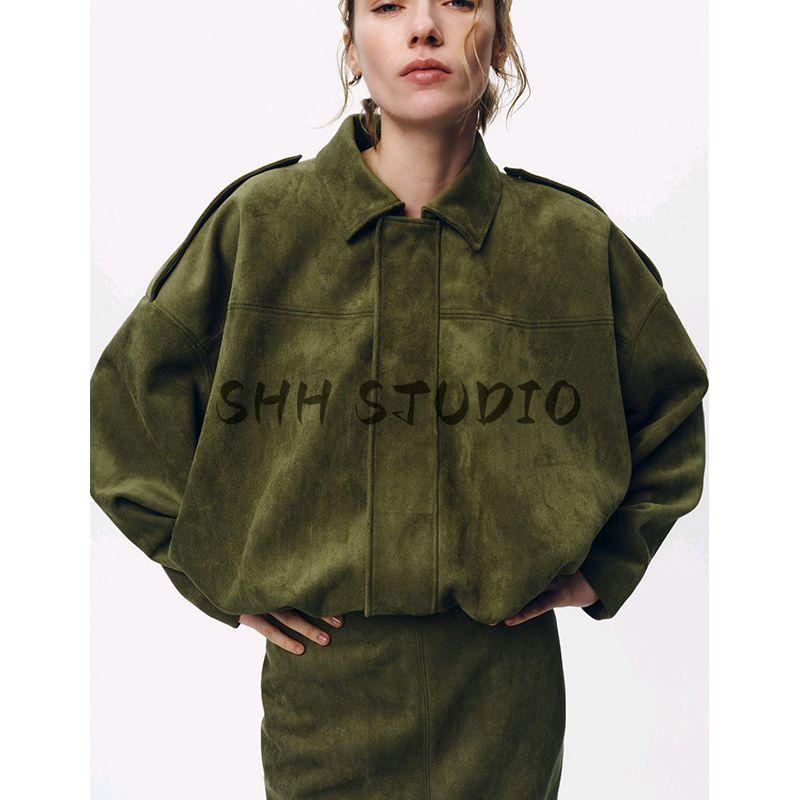 Spring New Suede Texture Mid Waist Midi Dress 4344156 Pilot Jacket Outwear 4344155