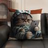 Cute Cat Holding Phone Cushion Cover Natural Linen Organic Fabric DoubleSided Printing Sofa Home Decor Gift Pillow Case