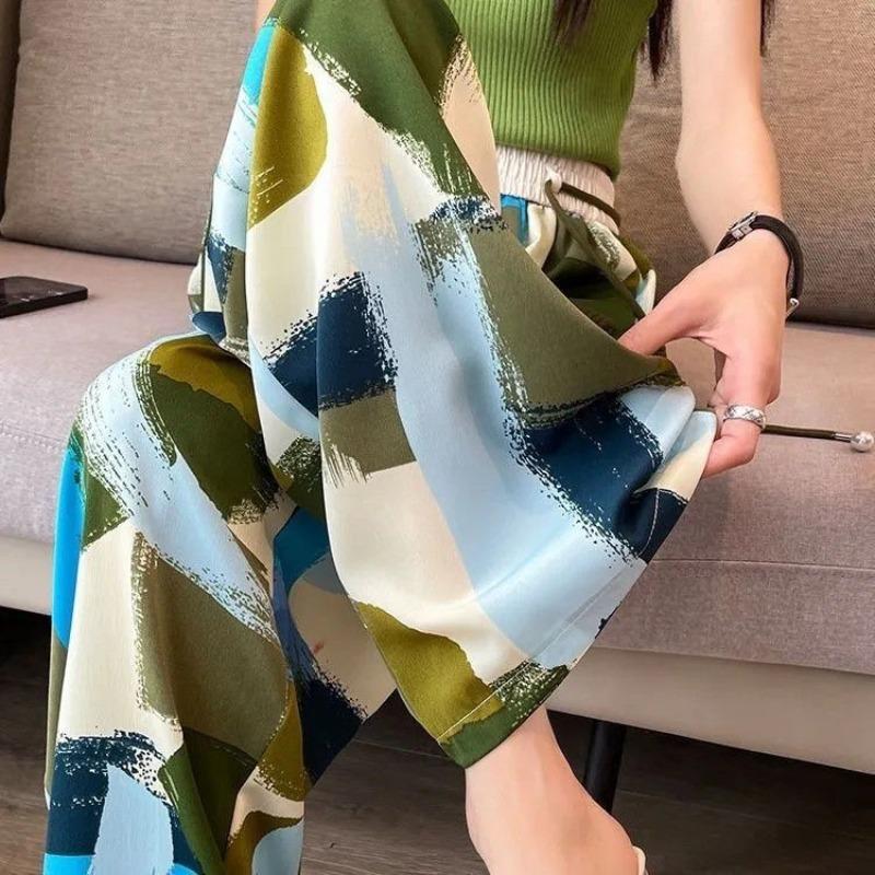 Wide-leg Pants for Women In Spring and Summer Thin New Chinese Style Chinese Style Ink Printing Ice Silk Casual Pants