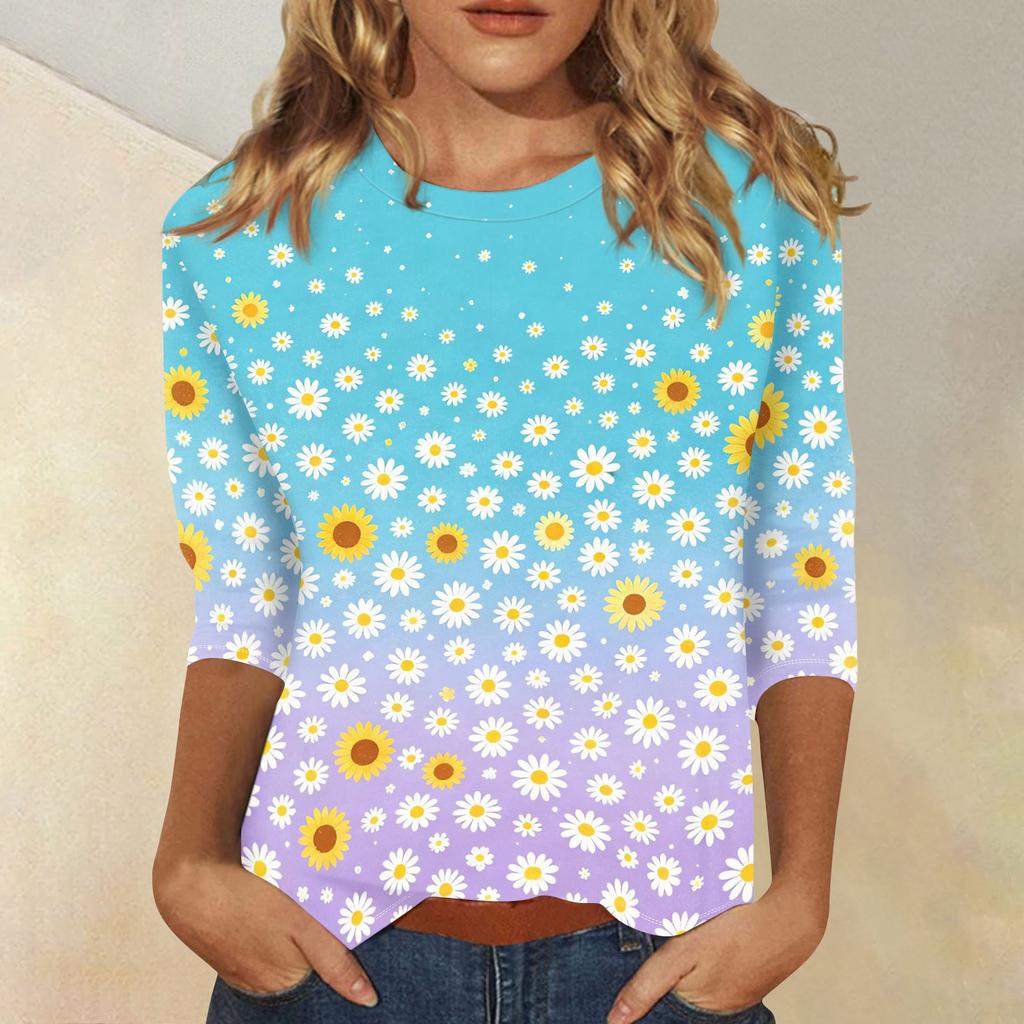 Women's Casual Three Quarter Sleeve Floral Print Round Neck Top Lightweight Comfortable Fit for Everyday Wear