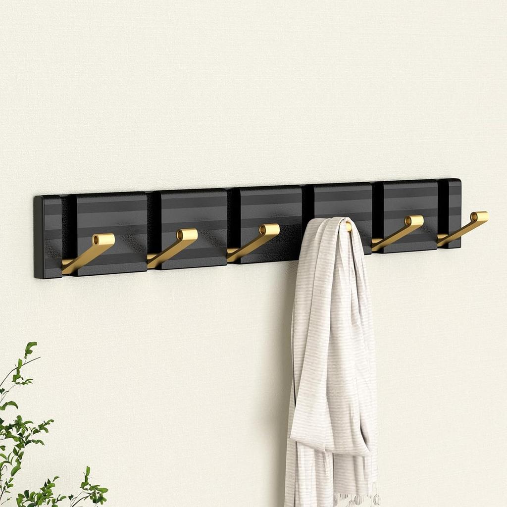 Coat Rack Wall Mounted, Metal Heavy Duty Wall Coat Hooks,Modern Coat Hanger Wall with 6 Flip-Down Hooks,Hook Rack Rail for Clothes, Keys, Hats,