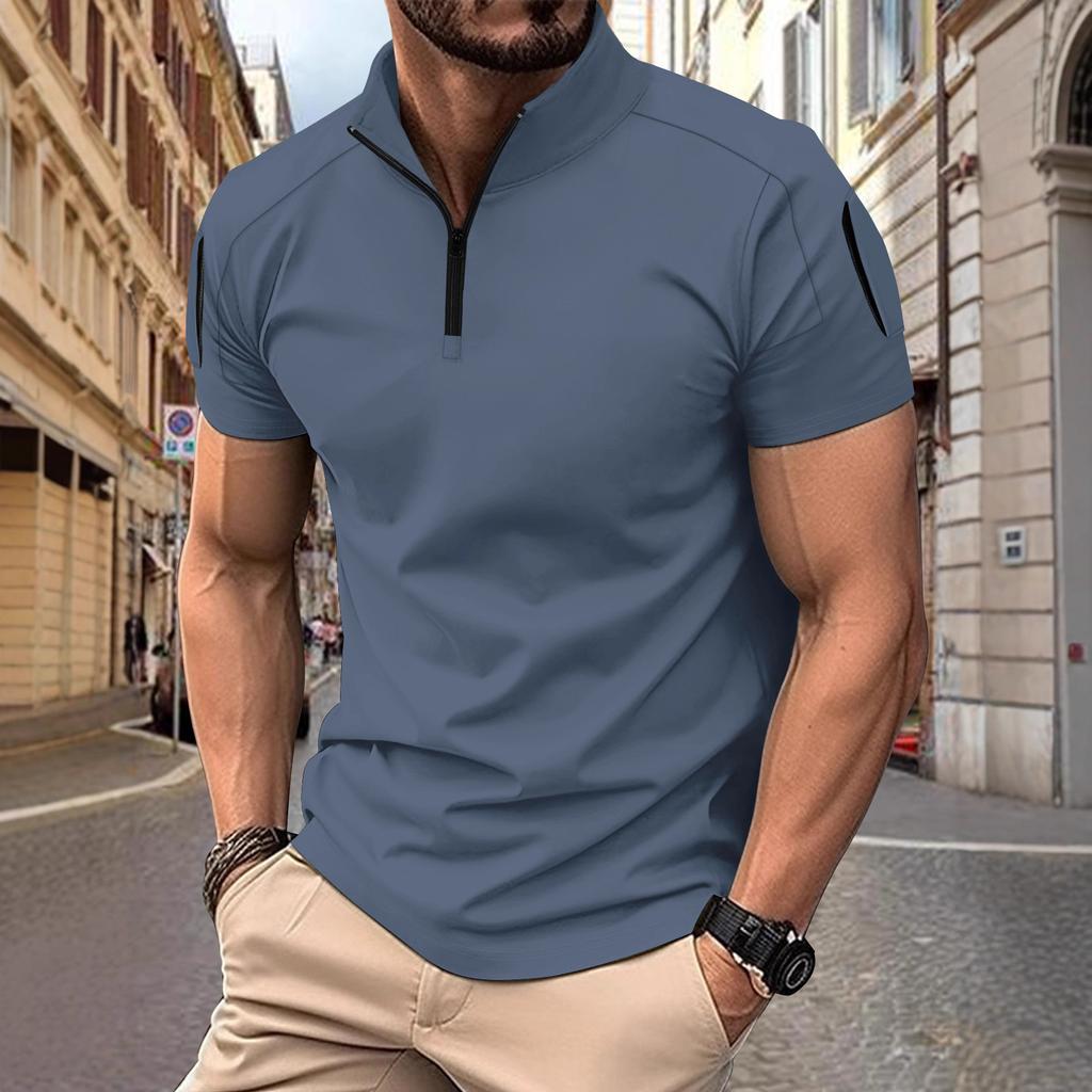 Men's T-shirt: Summer Casual Tactical Training Style with Patch Pockets on the Sleeves, Stand-up Collar, Plain Colour, Short-sleeved Polo Shirt