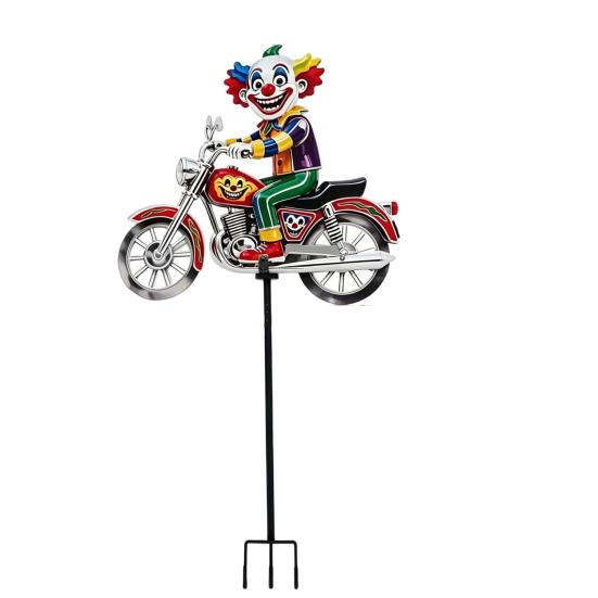 Spinning Clown Motorcycle Wind Spinner, Rotating Wheels Metal Kinetic Yard Art with Stake, Weatherproof Windmill Sculpture for Outdoor Lawn Patio