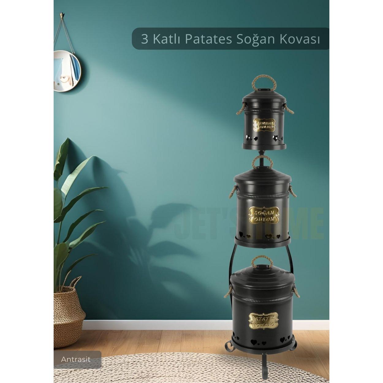 

Patates Soğan Sarımsak Kovası 3 Katlı Sebzelik Paslanmaz Organizer Patates Soğan Sepeti Antrasit