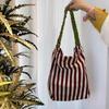 Summer Small Fresh Shoulder Canvas Bag New Contrasting Stripes Large Capacity Pleated Shoulder Strap