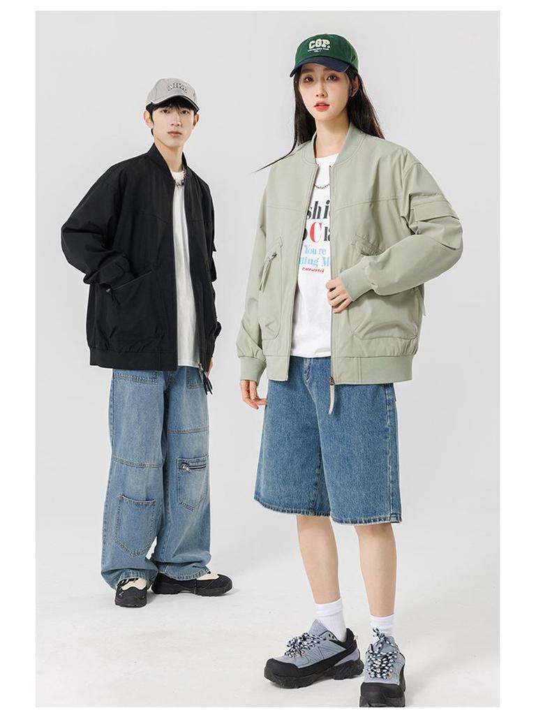 2025 Japanese Trendy Men's Retro Loose Stand Collar Bomber Jacket - Spring Casual Drop Shoulder Workwear Style.