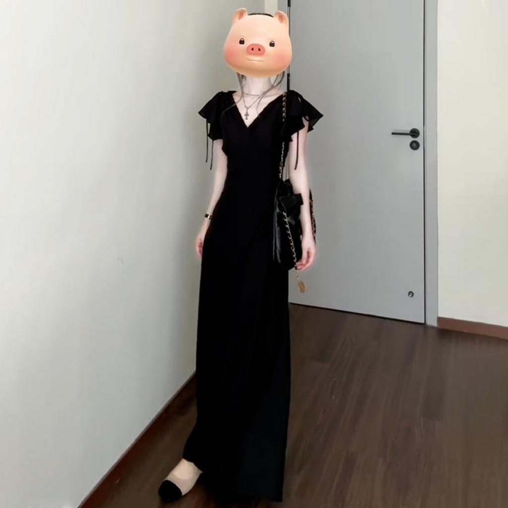 Hepburn Style French Black Small Flying Sleeve V-neck Dress Children's Summer New Popular High-end Dress