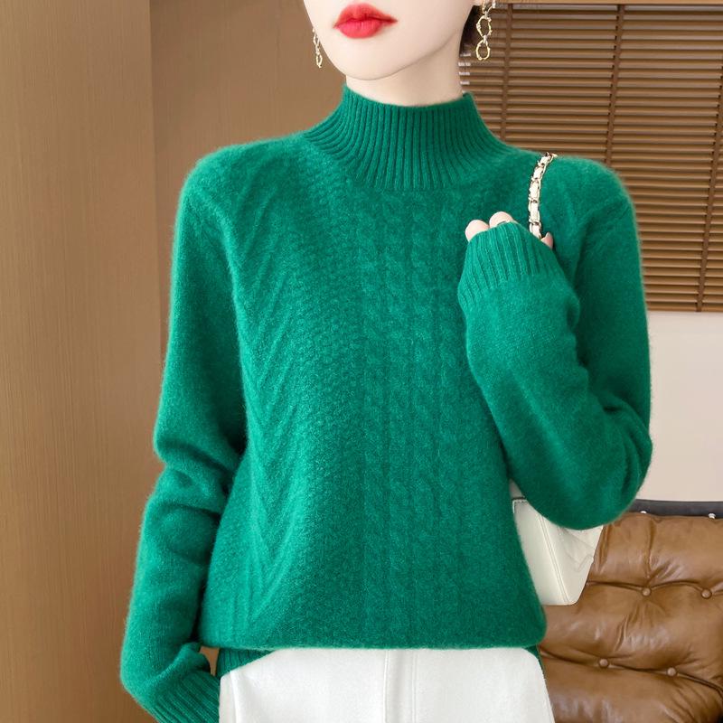 2024 Women's Thick Wool Cable Knit Half-High Neck Pullover Sweater for Autumn and Winter.