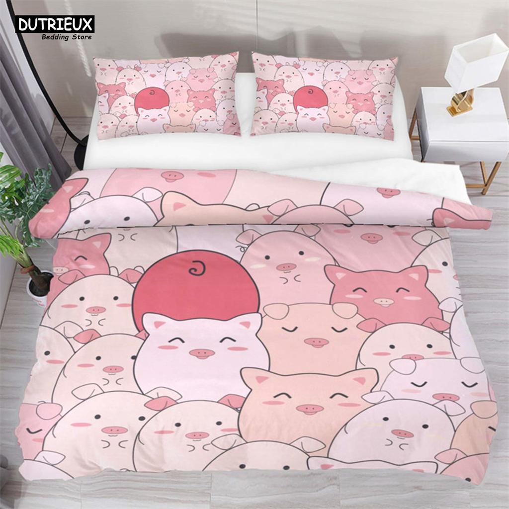 Cartoon Lovely Pig Duvet Cover Set Kawaii Animal Bedding Set King Microfiber Farmhouse Wildlife Theme Comforter Cover Pillowcase