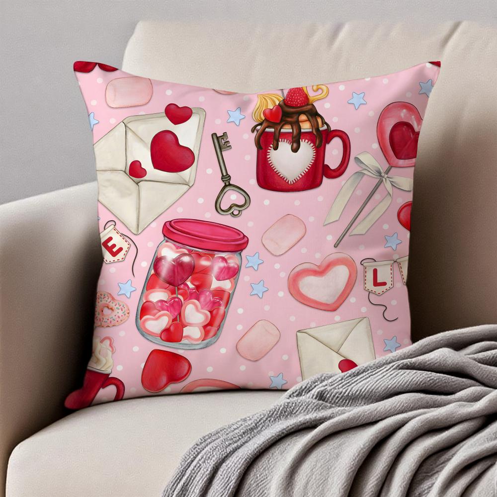 Handdrawn Style Heart Pattern Cushion Cover Pillowcase Antidustmite Invisible Zipper Short Plush Sofa Cushion