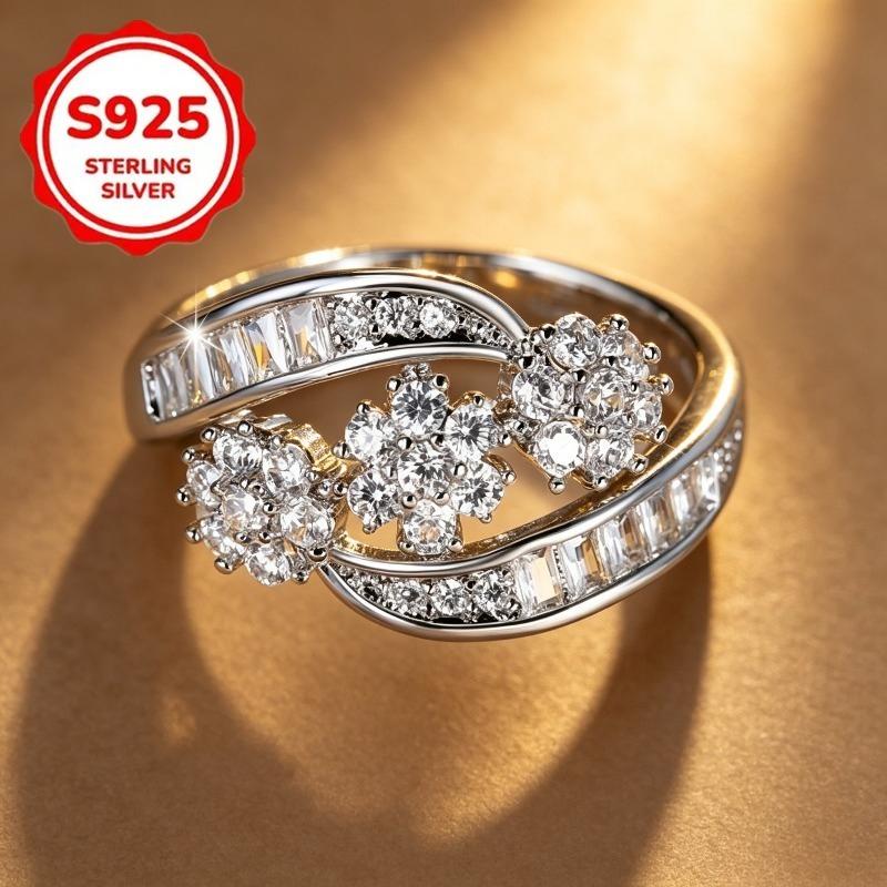 1pcs Elegant Flower Ring for Women925Pure silver with a shiny finish3A Zirconia is suitable for banquets and anniversary occasions