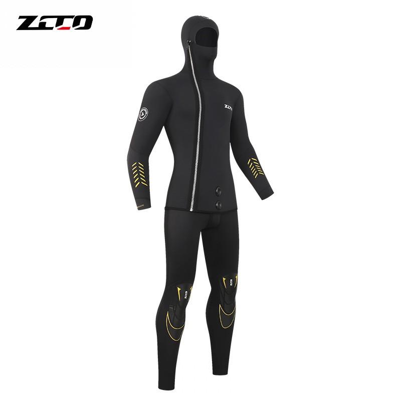 5mm Neoprene Wetsuit Set Men Two-Piece Hooded Warm Suit Front Zipper Snorkeling Fishing Water Sports