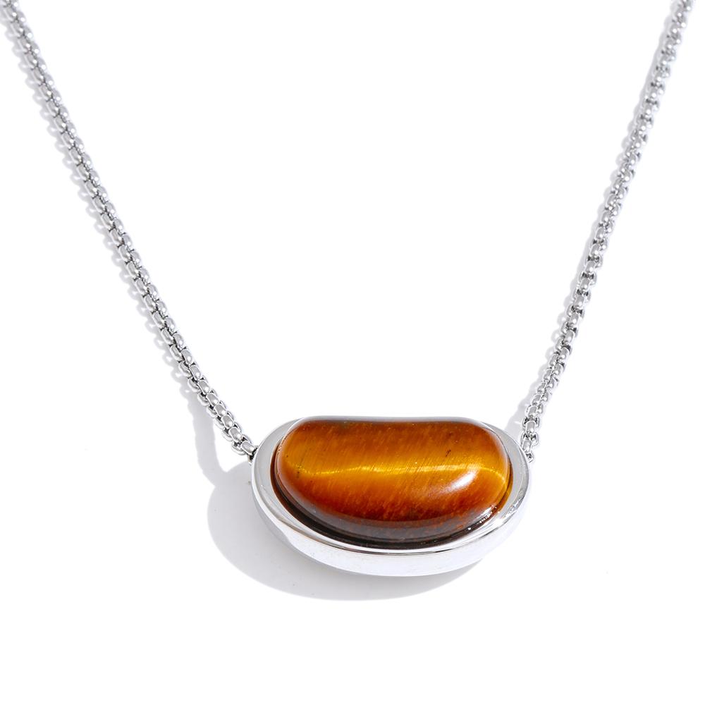 Yhpup Natural Tiger Stone Oval Pendant Necklace ( chain crossing pendant ) Stainless Steel Collar Jewelry Waterproof Wholesale