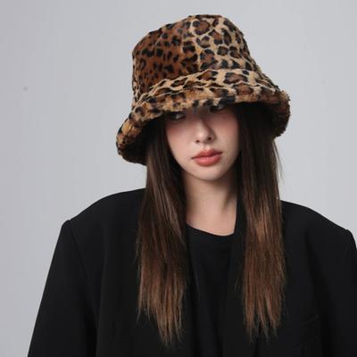 Women Winter Hat Flat Dome Leopard Print Basin Hat Thickened Warm Plush Bucket