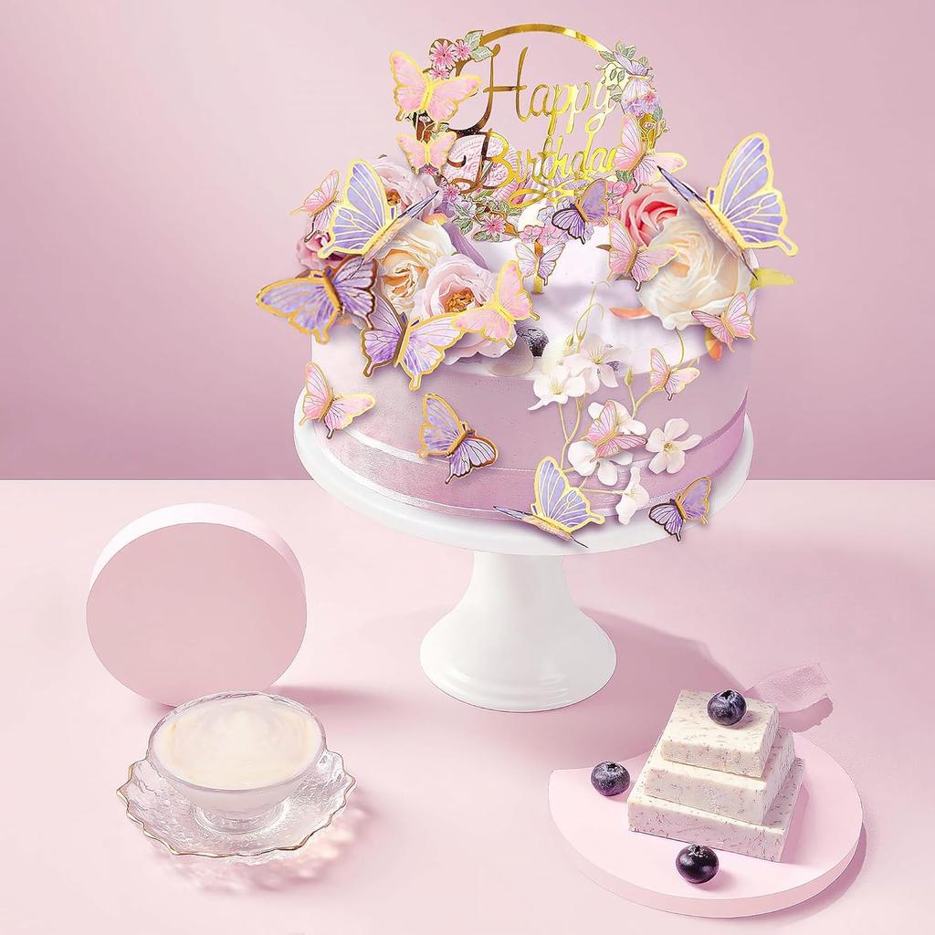 29 PCS Flower Cake Toppers Butterfly Cake Decorations with Artificial Pink and Purple Flowers for Women Birthday Wedding Party