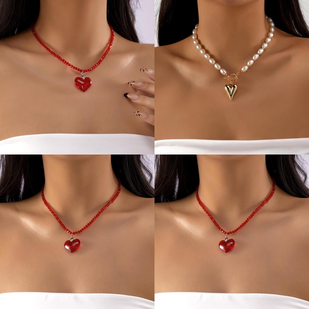 Heart Theme Layered Necklace With Crystal And Pearl For Summer Beach Outfits
