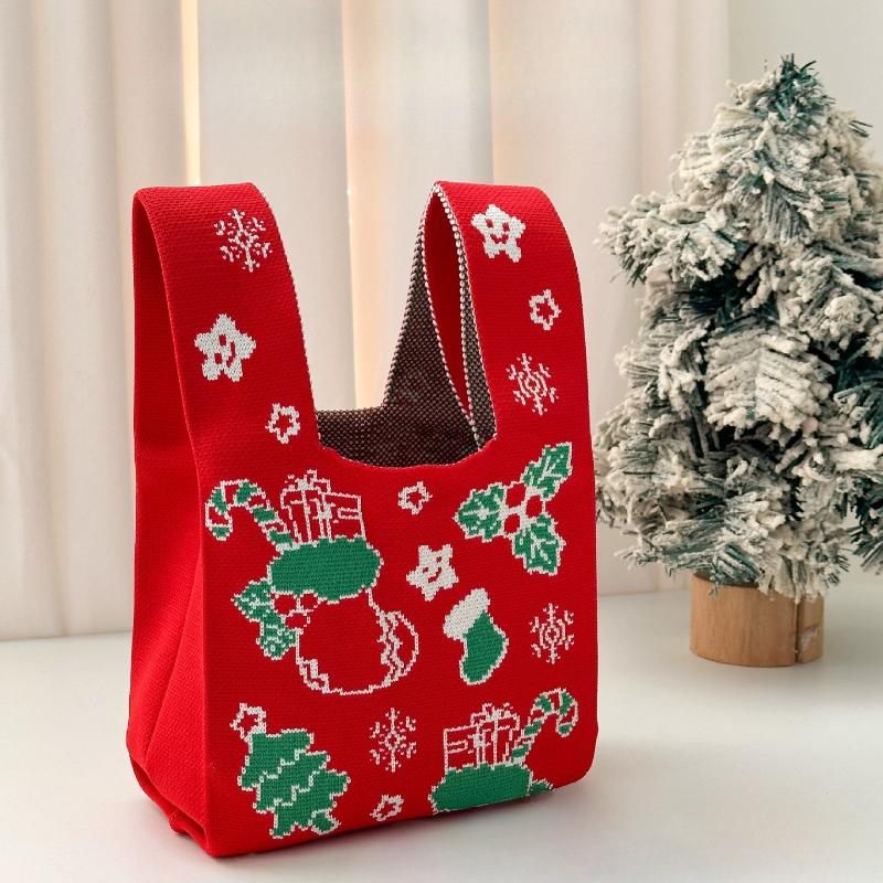 

Christmas Holiday Themed Spandex Tote Bag -Large Capacity Knitted Gift Bags with Santa and Tree Patterns for Festive Gift Giving 20X35 CM