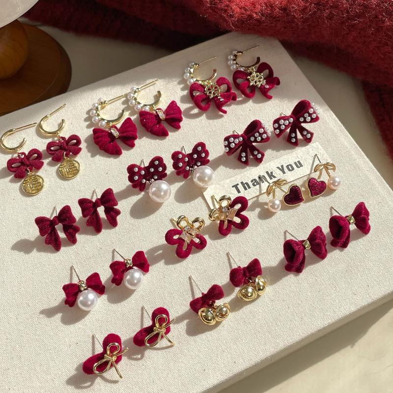 Cute Red Bow Flocking Earrings Simple Elegant Exquisite Sweet Festive Earrings Ear Studs Jewelry Accessories New Year Gifts