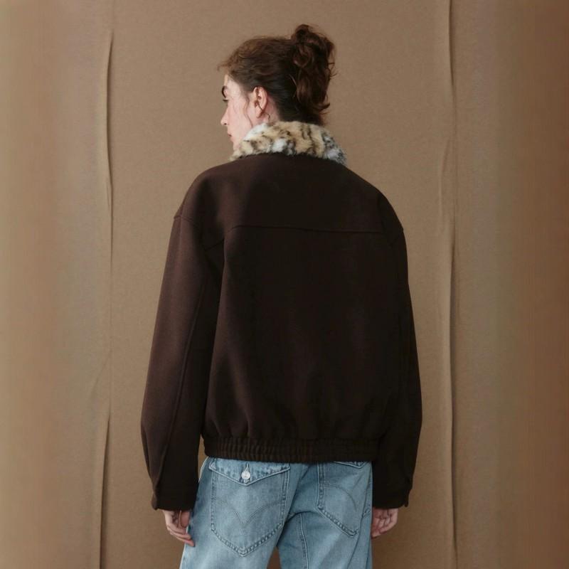 Vintage Leopard Print Wool Blend Jacket Women Loose Fit Drop Shoulder Short Bomber Coat