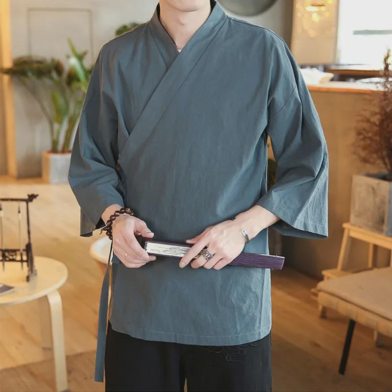 Three-Quarter Sleeve Hanfu Men's Traditional Taoist Robe - Chinese Style Zen Jacket