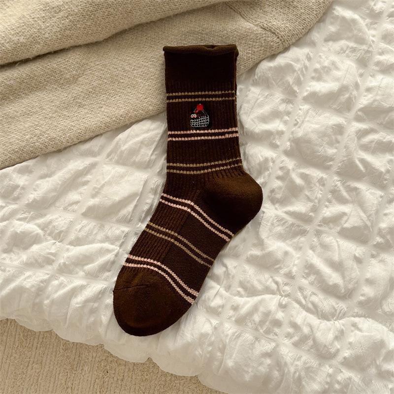 Women's Autumn and Winter Wool Mid-calf Socks in A Color-blocked Cartoon Cute Boneless Striped Warm Long Sock