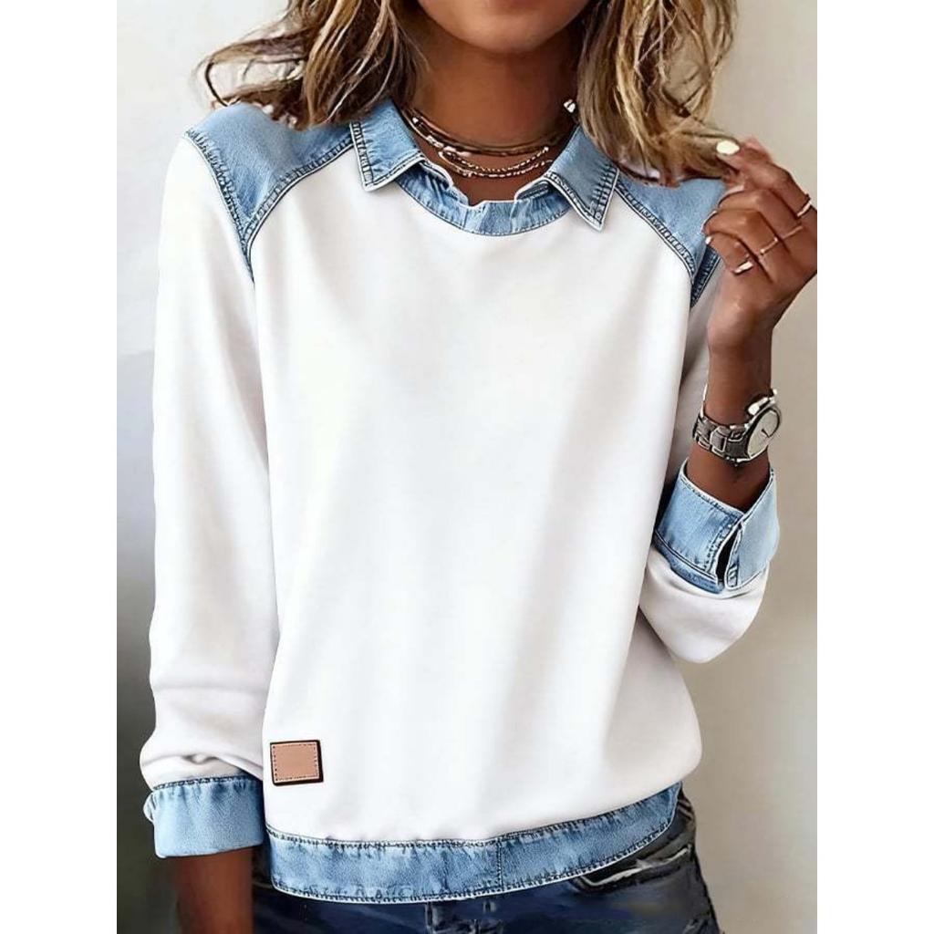 European American Women's Denim Collar Long Sleeve Pullover Spliced Knit Top, Fashion Casual Knitwear for Women