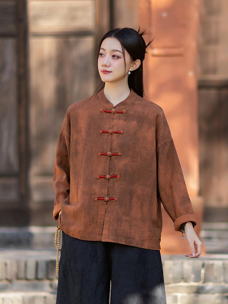 Johnature Women Vintage Blouses Spring Chinese Style Solid Color Shirts Stand Long Sleeve Button Shirts