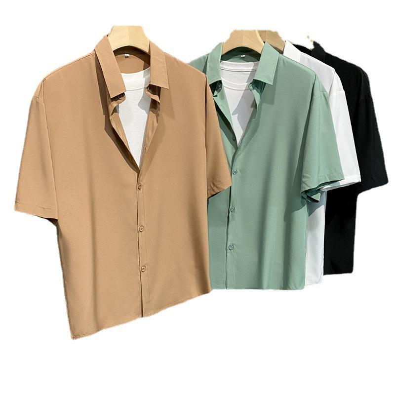 Men's Spring and Summer Lapel Solid Color Short-sleeved Loose Shirt Casual Comfortable Breathable Retro Drape Button Jacket