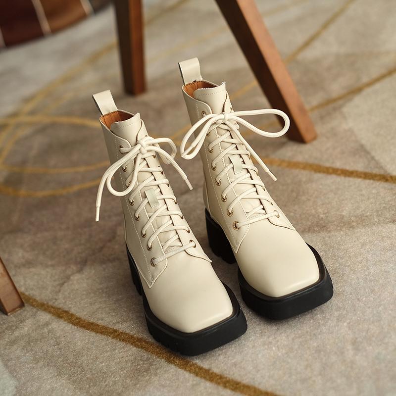 Cizme de damă din piele naturală, cu șireturi, pentru iarnă, la modă, cu vârful pătrat, cu toc gros, gleznă, cizme cu platformă, pantofi de damă cu legături încrucișate
