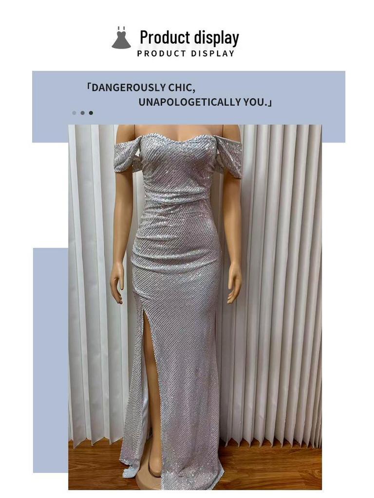 Elegant Sequin Slit One-Shoulder Long Dress - High-End Fashion for Women
