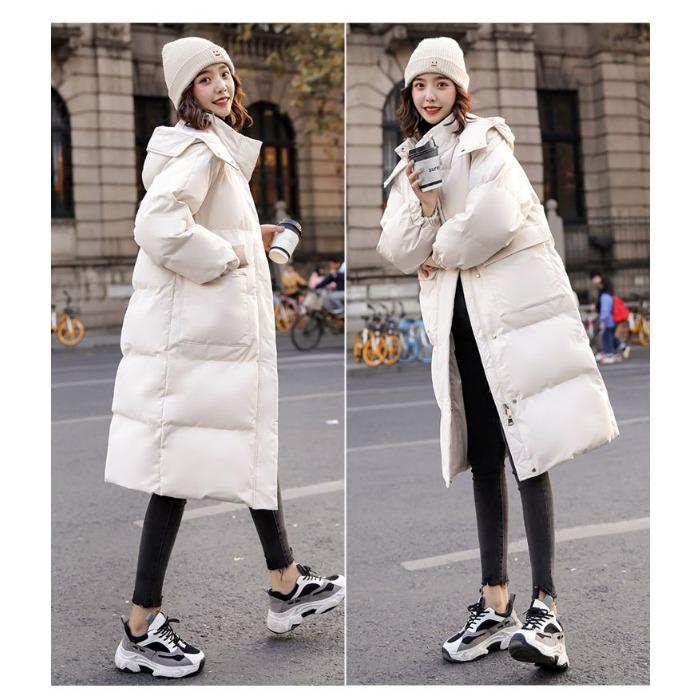 Løs vinterfrakk i dunbomull i koreansk stil for kvinner, mellomlang, tykk hettejakke